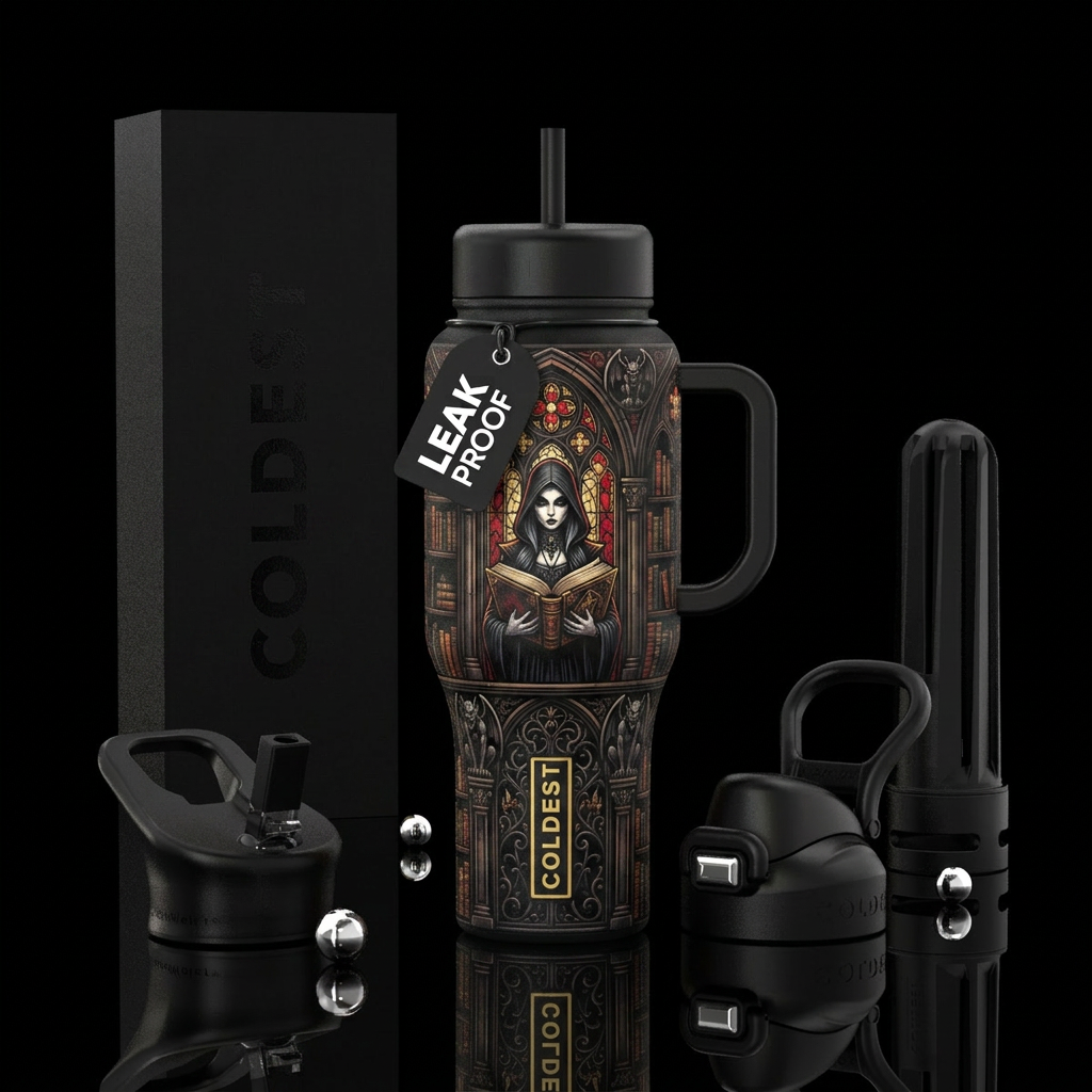 Gothic book reader water bottle design
