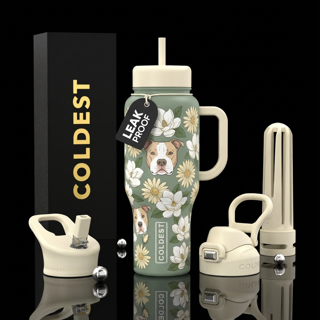 Sage green bottle with cream handle and lids. Whit... water bottle design