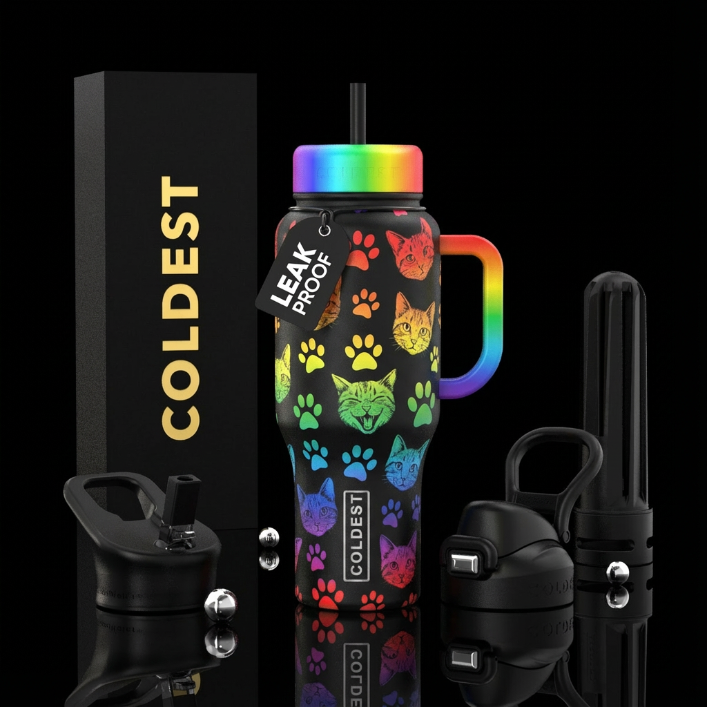 Black bottle with black handle with rainbow color ... water bottle design