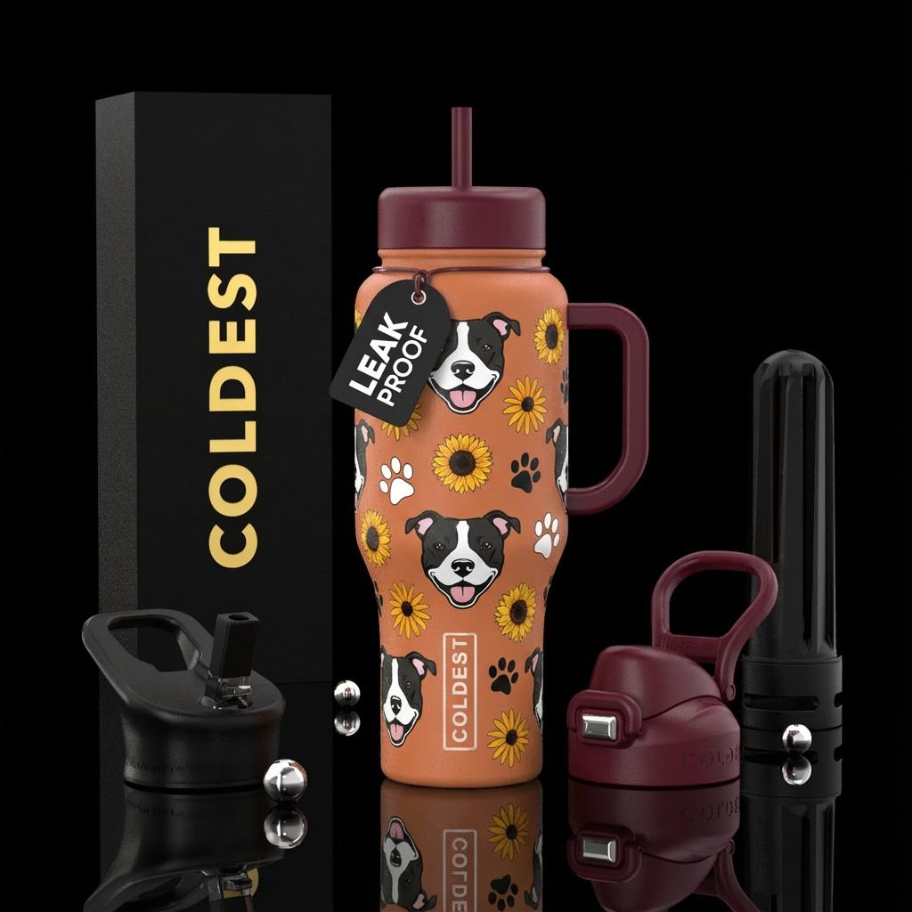A light burnt orange cup with a maroon handle and ... water bottle design