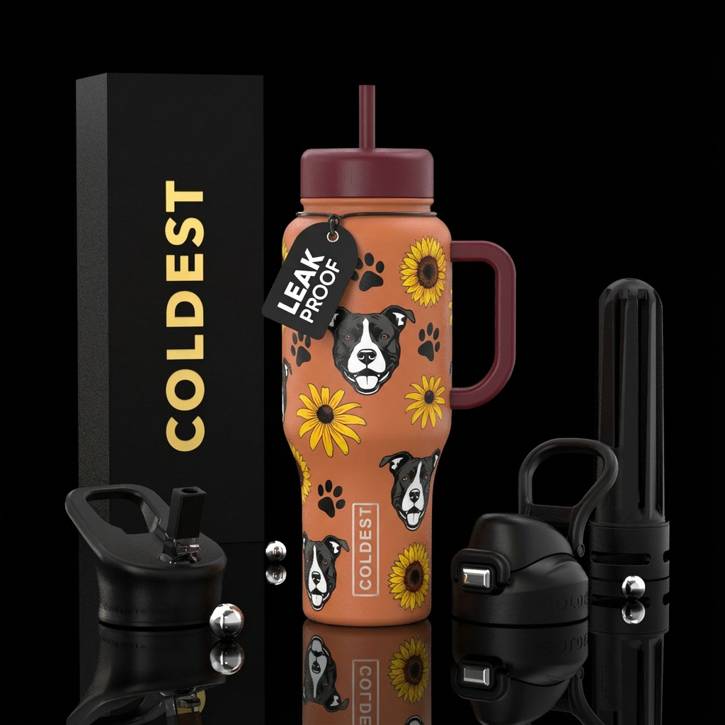 A light burnt orange cup with a maroon handle and ... water bottle design