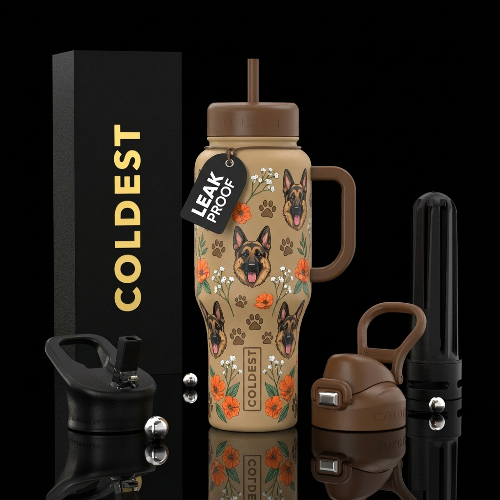 Tan cup with brown handle and lid with German shep... water bottle design