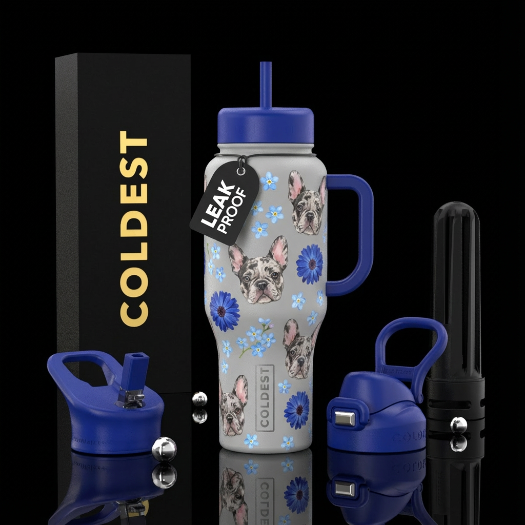 Light Grey bottle with black lid and handle with M... water bottle design