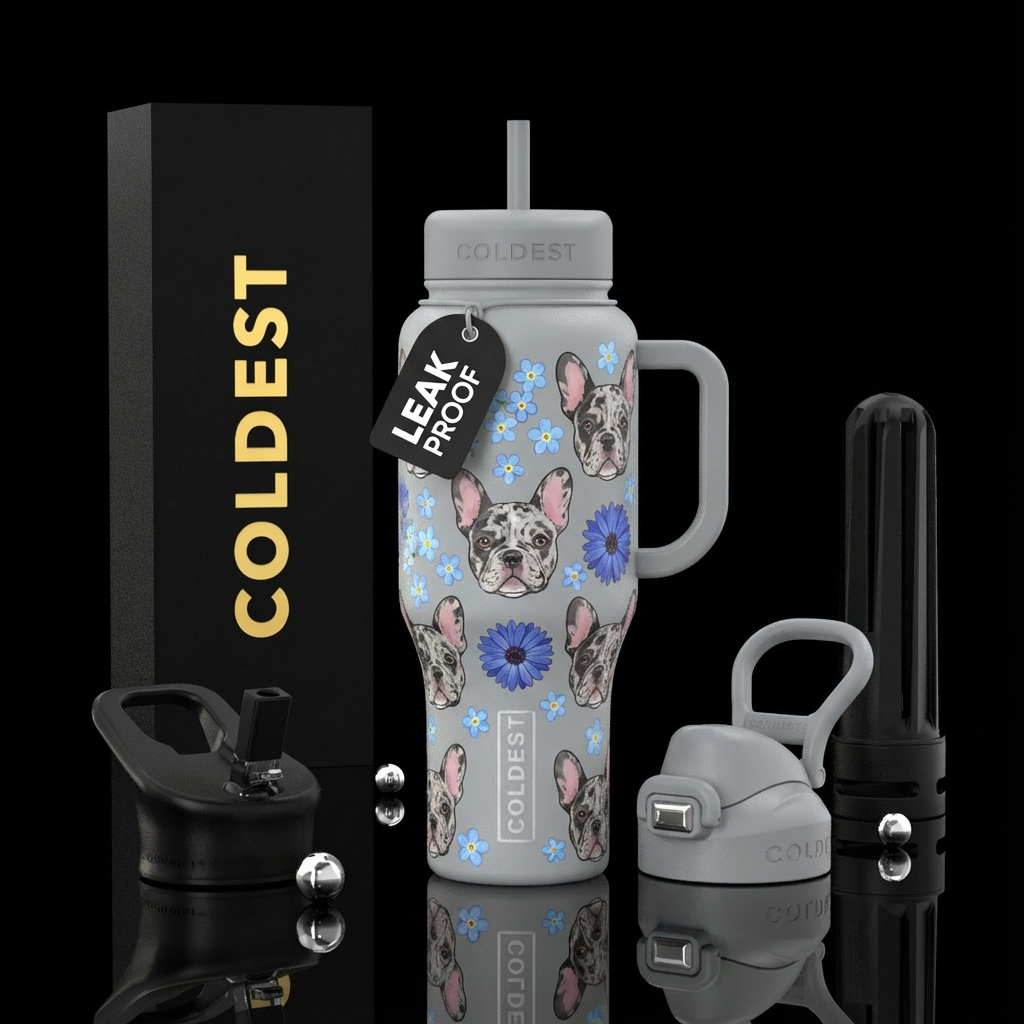Light Grey bottle with black lid and handle with M... water bottle design