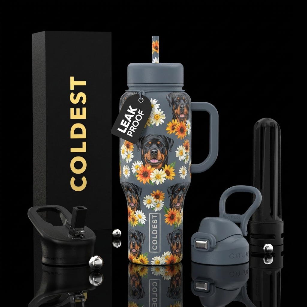 Slate gray cup black handle and lid with Rottweile... water bottle design