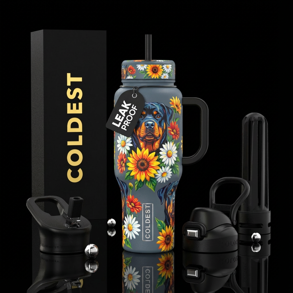 Slate gray cup black handle and lid with Rottweile... water bottle design