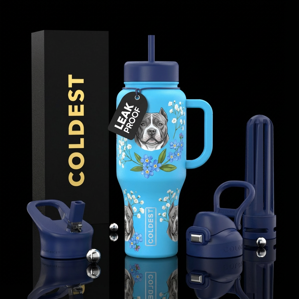 Sky blue cup with navy blue lid and handle with Gr... water bottle design