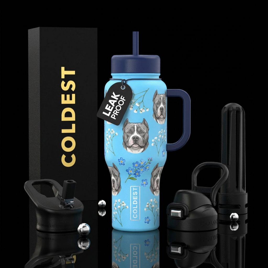 Sky blue cup with navy blue lid and handle with Gr... water bottle design