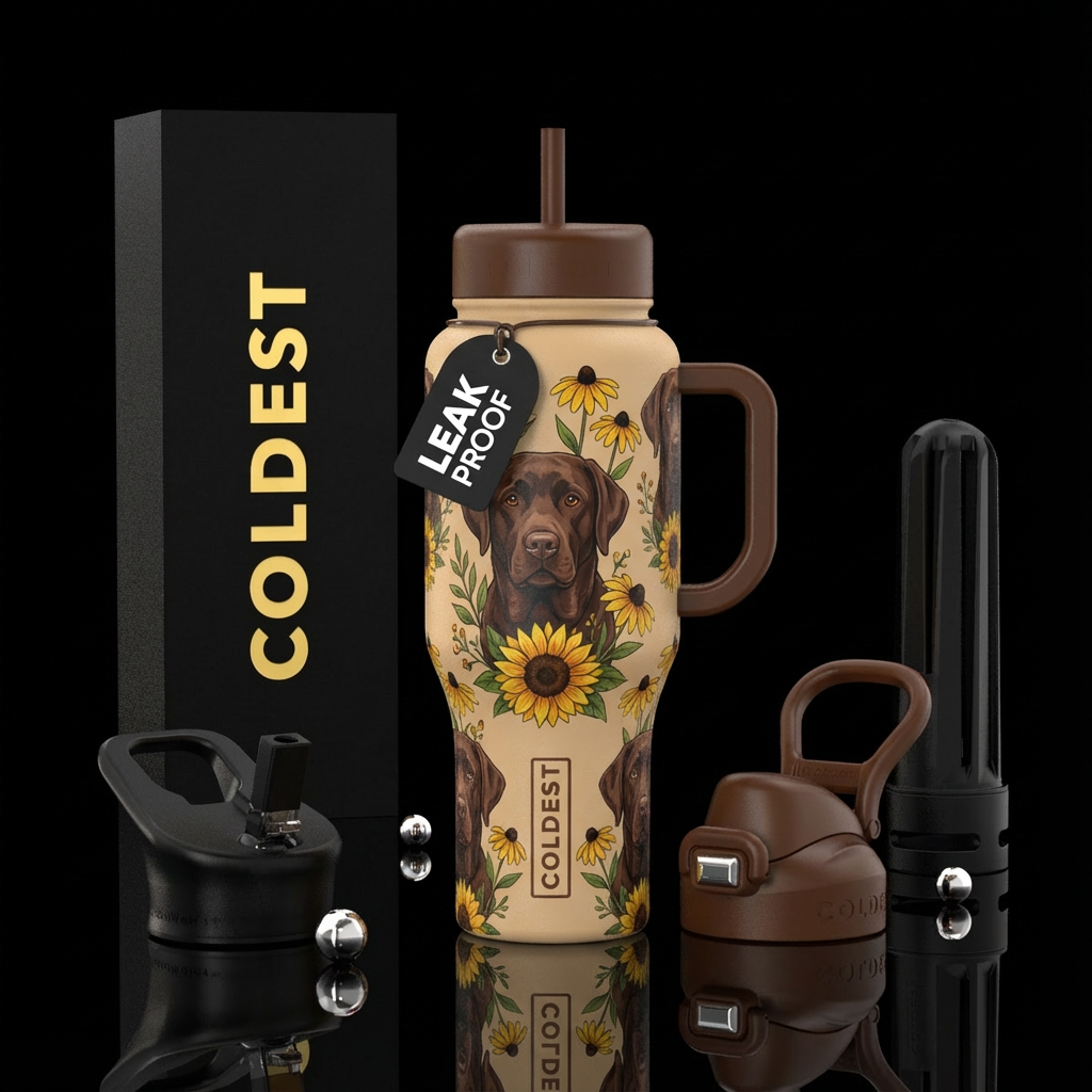 Light tan bottle with brown lid and handle with ch... water bottle design