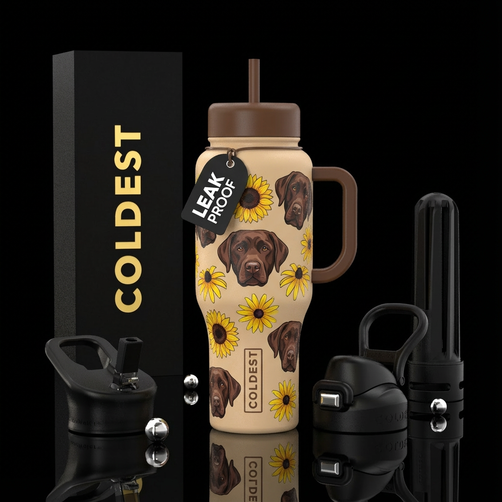 Light tan bottle with brown lid and handle with ch... water bottle design