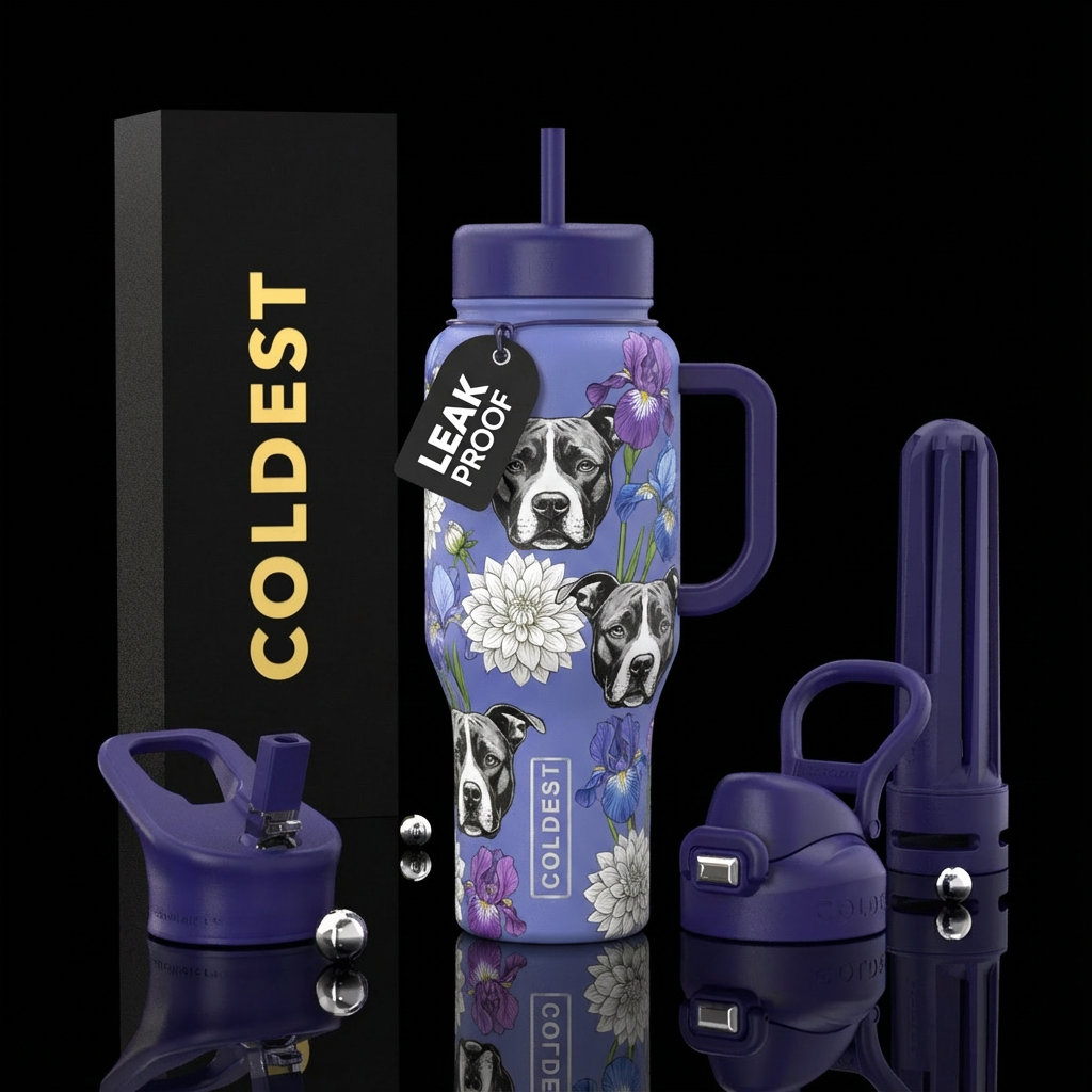 Periwinkle purple cup with deep purple handle and ... water bottle design