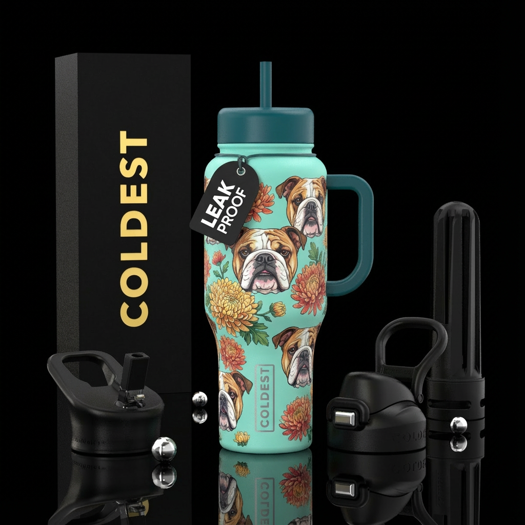 Light teal cup with dark teal handle with English ... water bottle design
