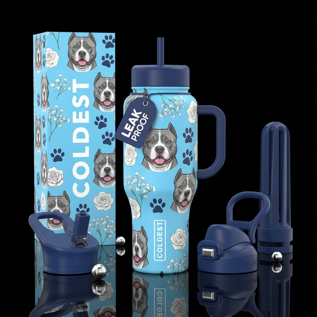 Sky blue cup with navy blue handle and lid with gr... water bottle design