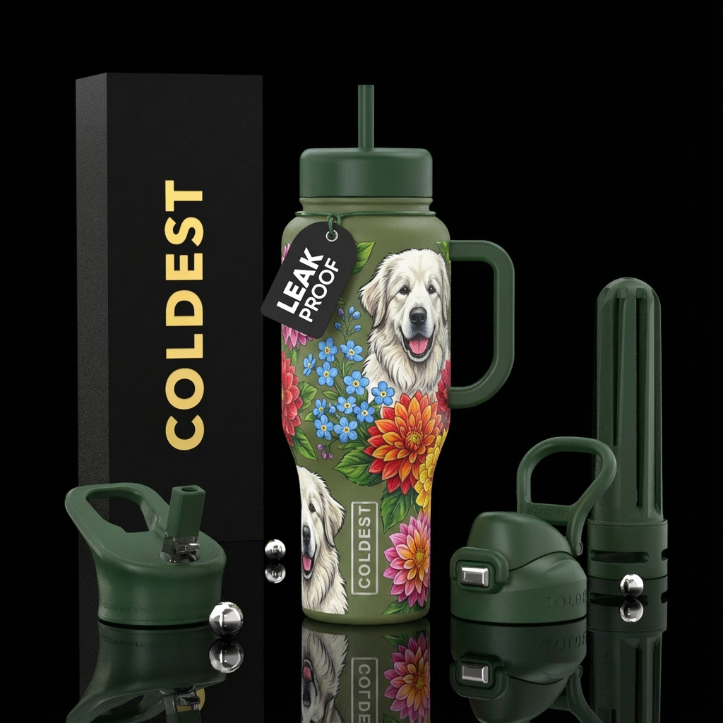 Olive green cup with dark green lid and handles wi... water bottle design
