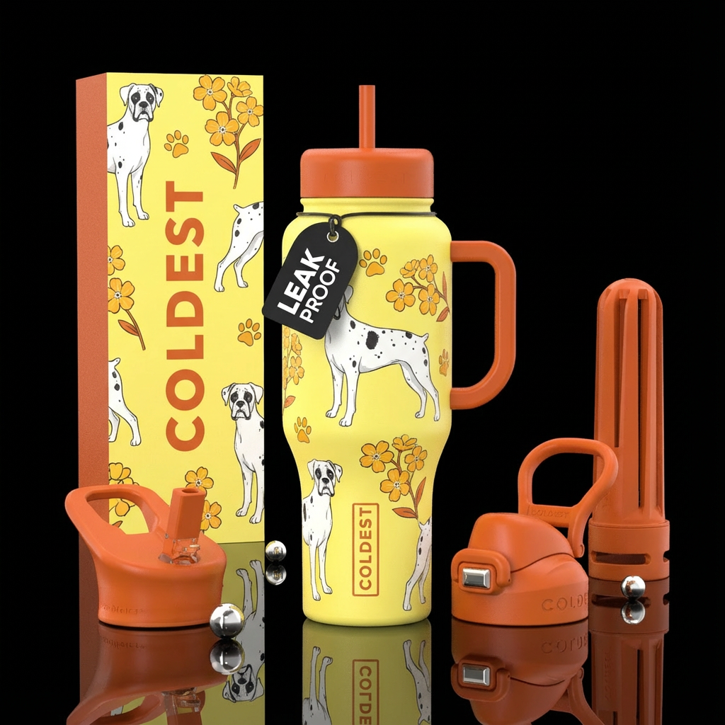 Baby yellow cup with burnt orange handle and lid w... water bottle design