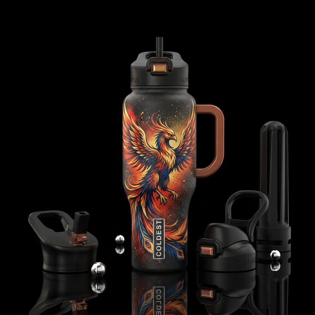 phoenix,, spray painted, mythical water bottle design