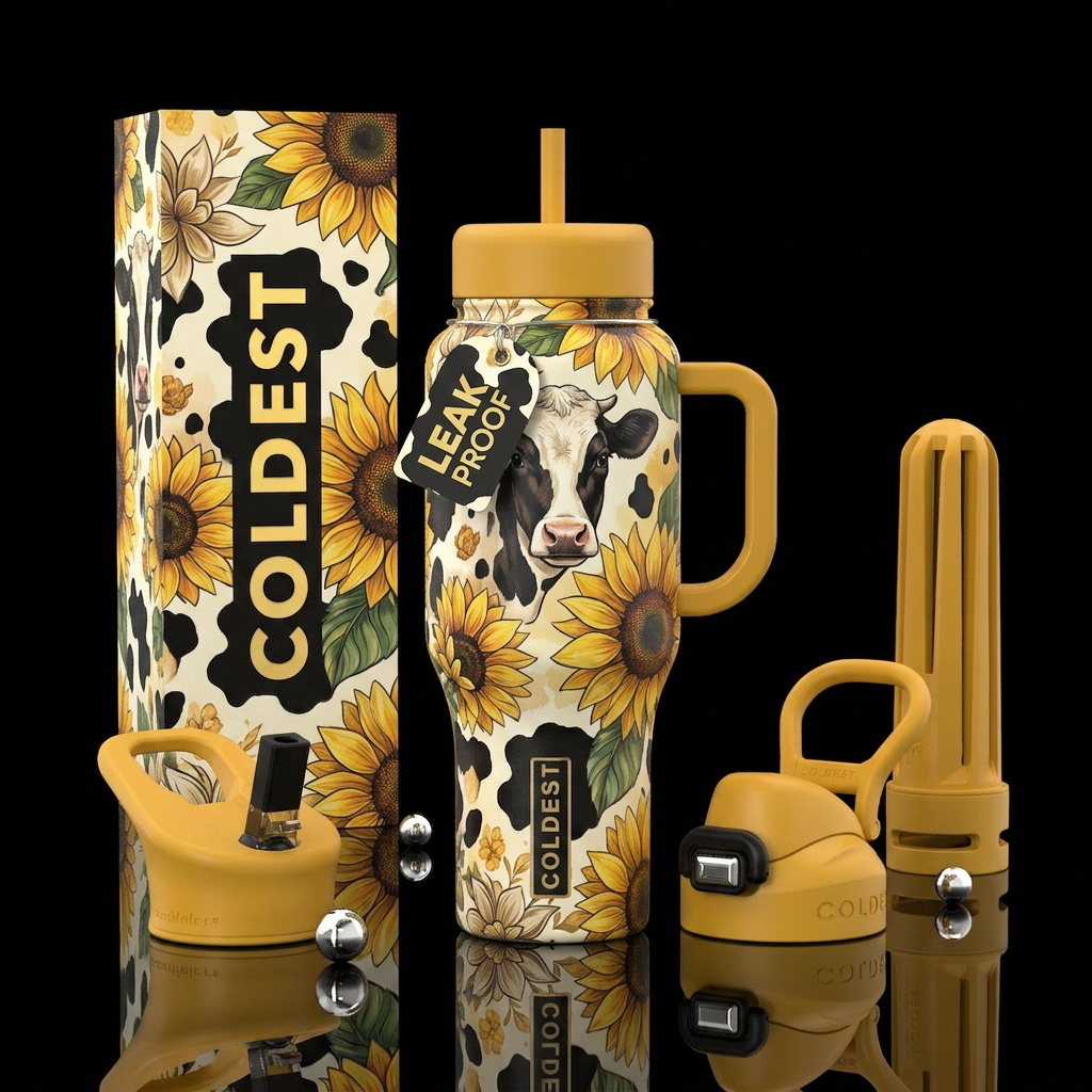 Sunflower cow water bottle design