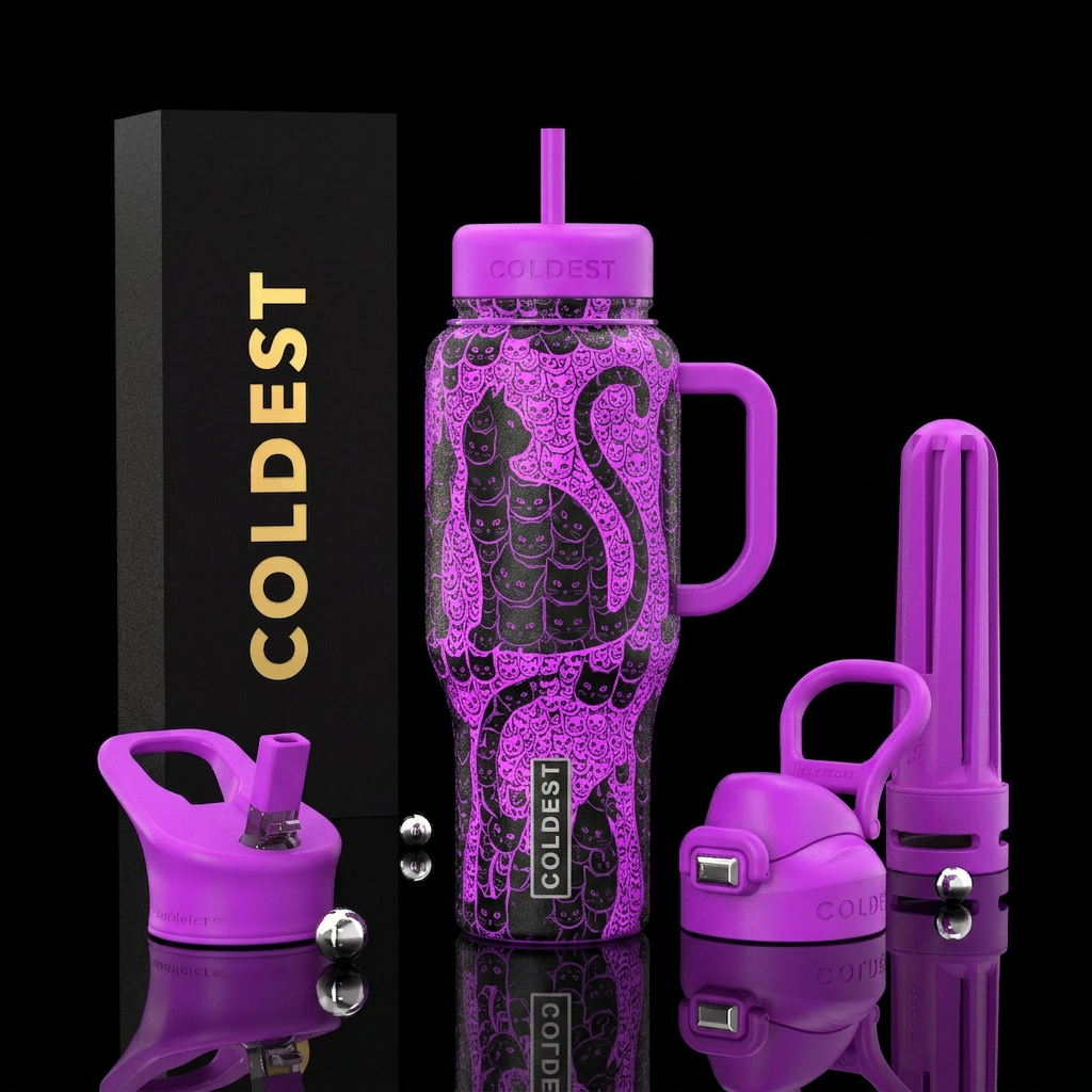 A mosaic of black cat faces making up a silhouette... water bottle design