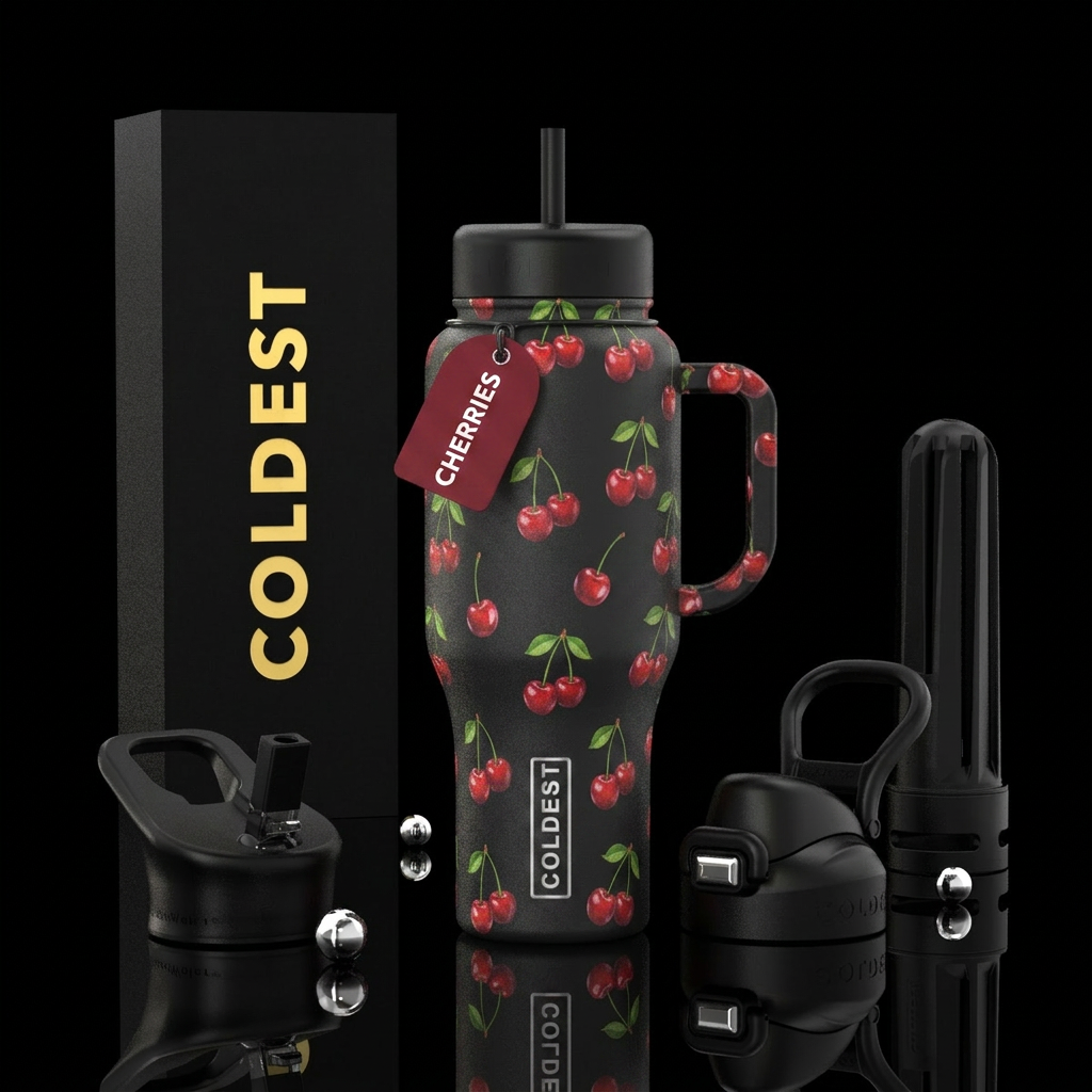 Cherries black background water bottle design
