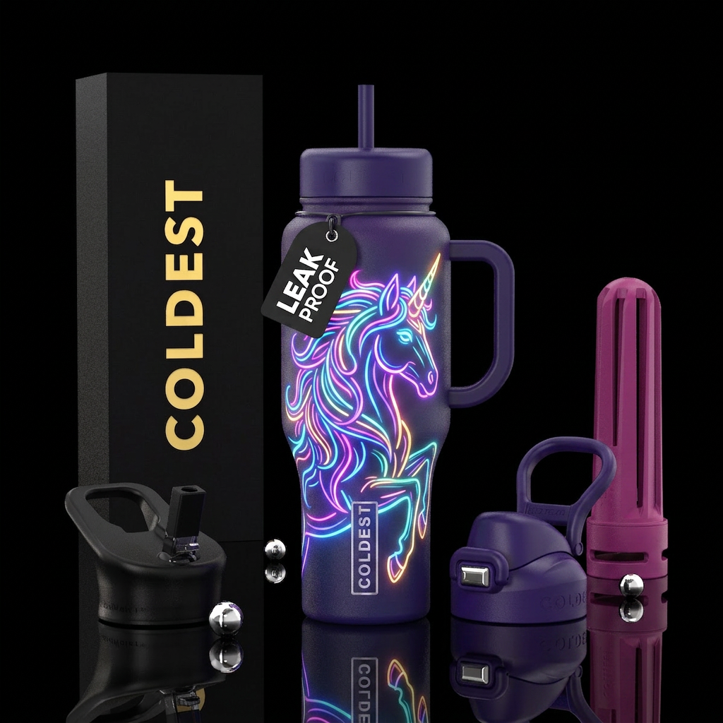 Neon unicorn water bottle design