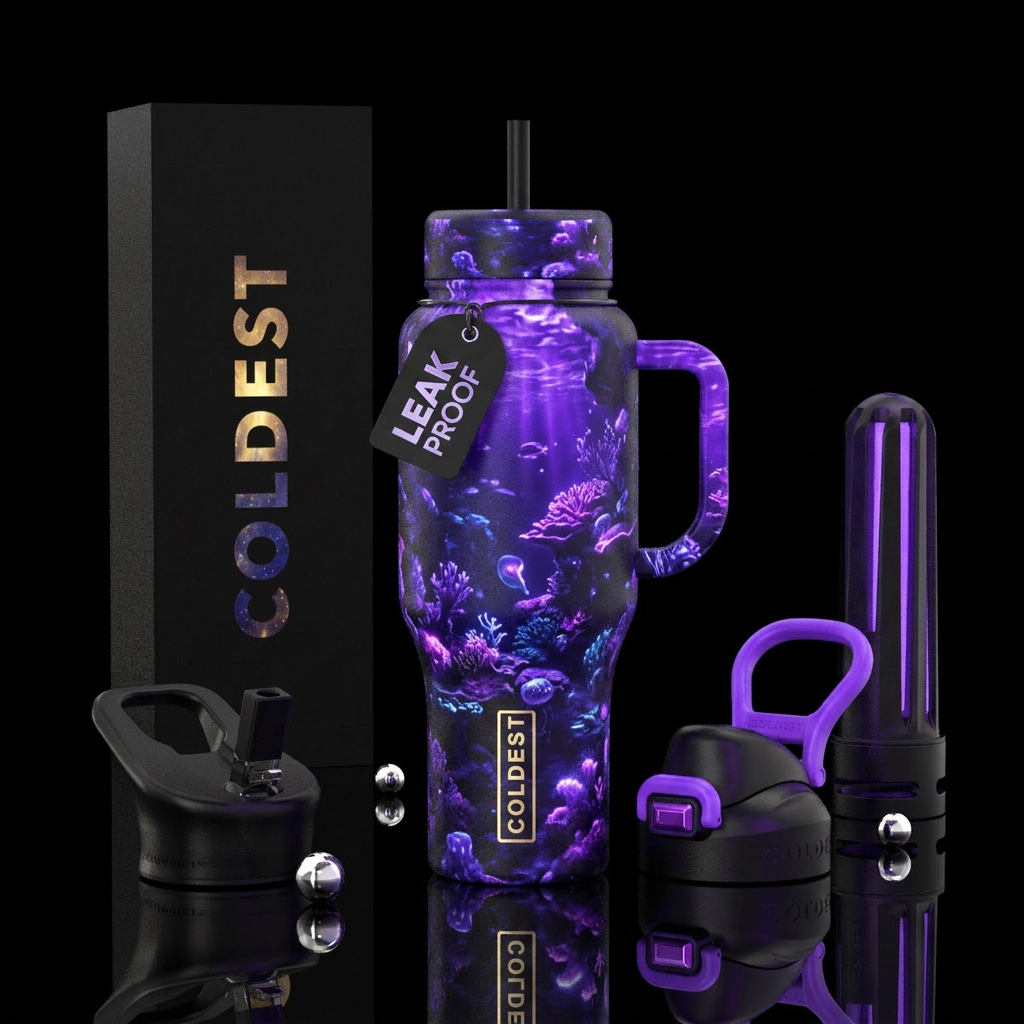 Glowing purple ocean water bottle design