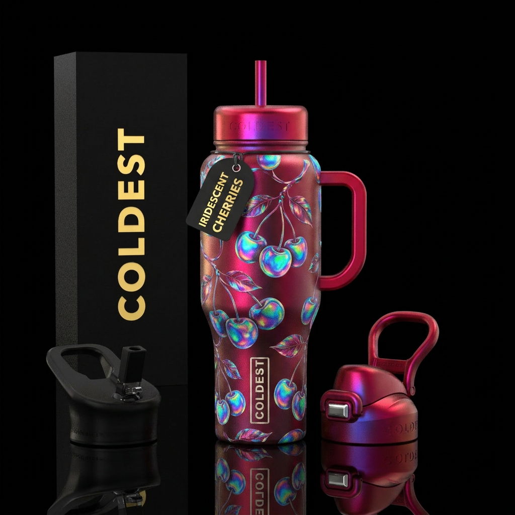 Iridescent Cherries water bottle design