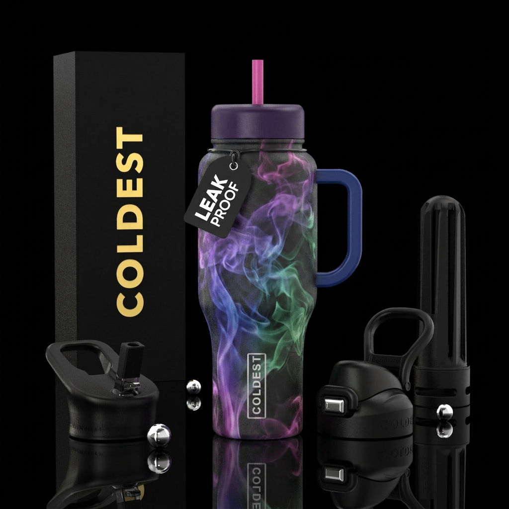 Purple blue green pink smoke water bottle design