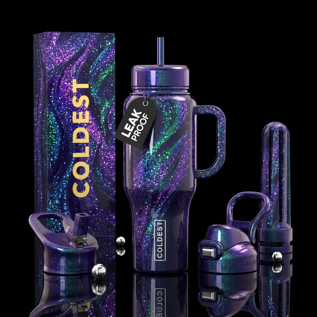 Glitter swirls purple blue green water bottle design