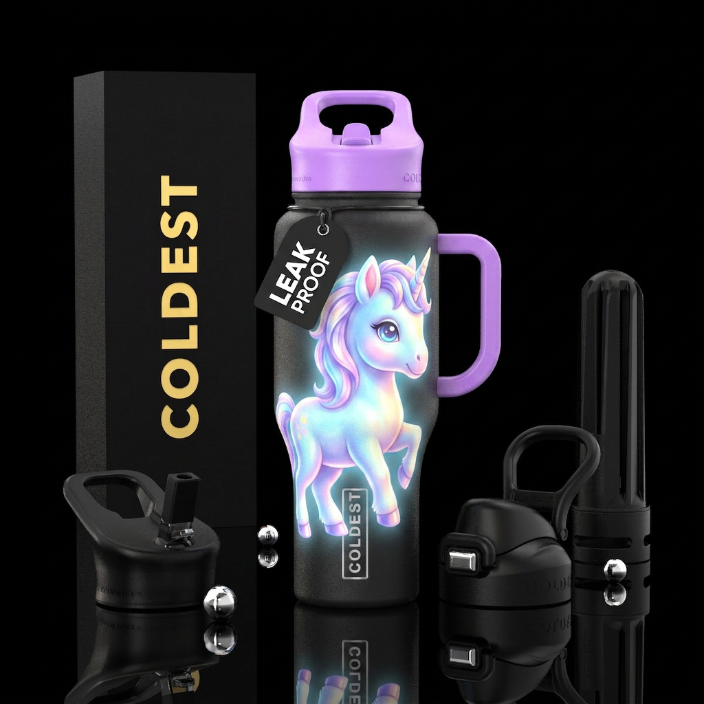 Glow in the dark baby unicorn water bottle design