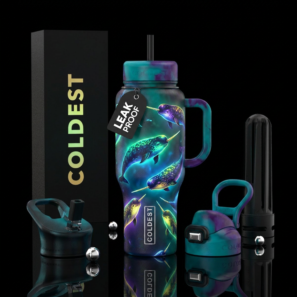 Glow in the dark Narwhal water bottle design