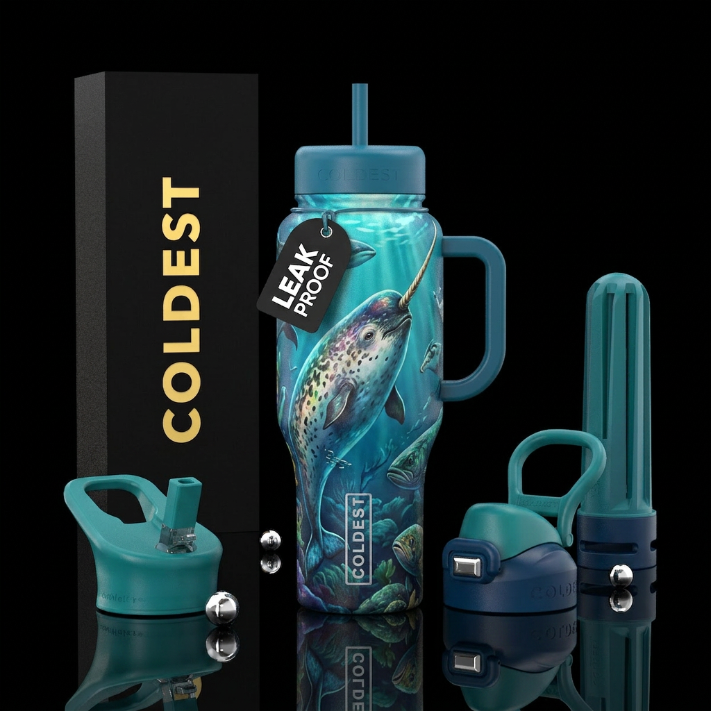 Narwhal and other sea life water bottle design
