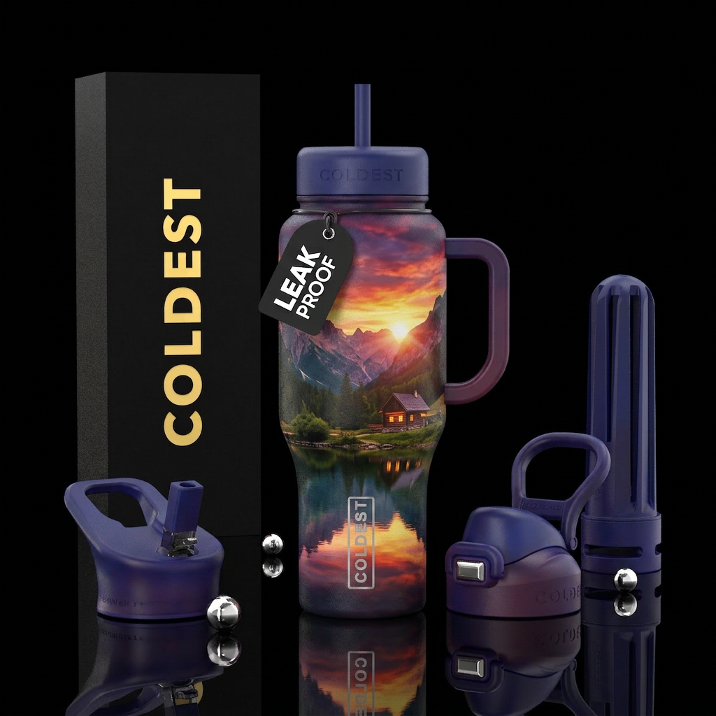Mountains lake cabin colorful sunset water bottle design