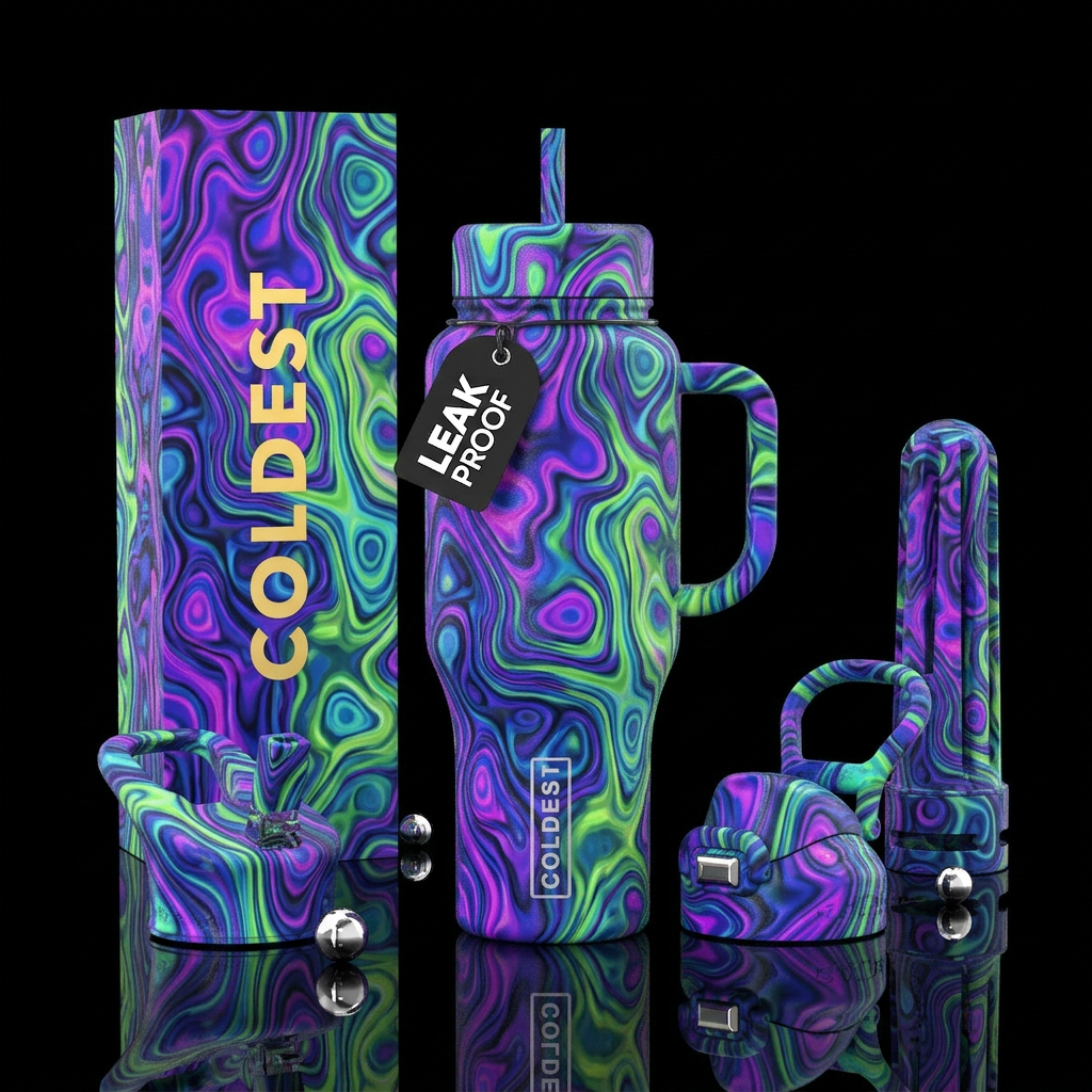 purple blue green lava water bottle design
