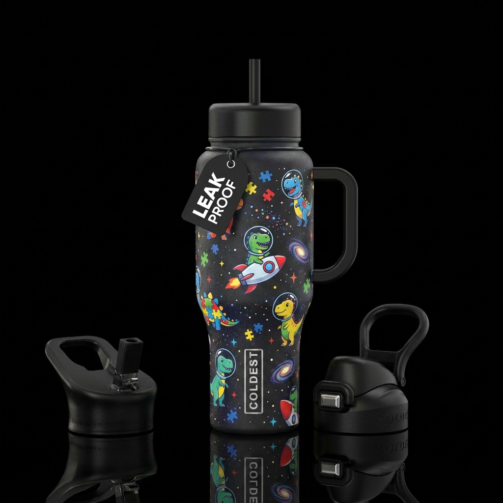 Autism awareness dinosaurs in space water bottle design
