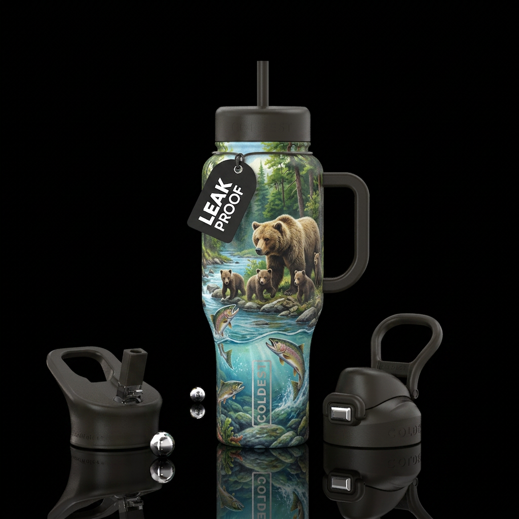 Mama bear with four cubs playing in a forest by th... water bottle design