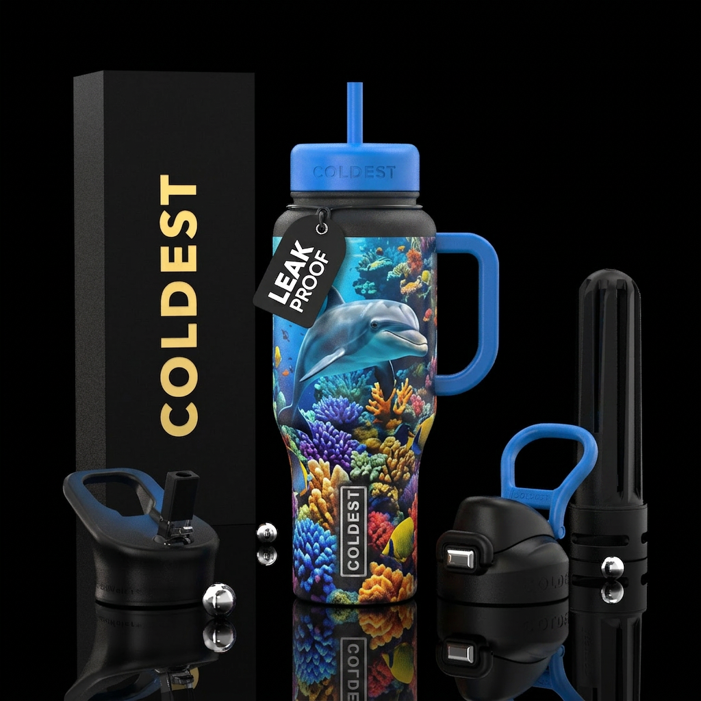 Lifelike dolphin with bright color reef water bottle design