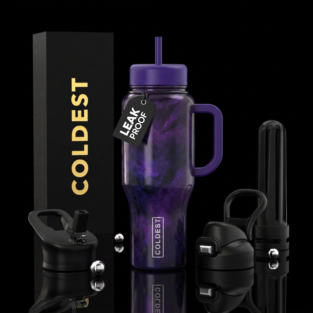 Dark metallic purple and black water bottle design