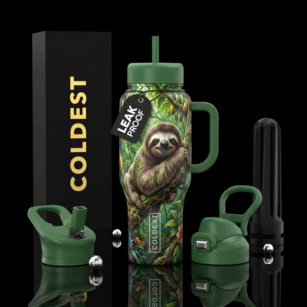 Realistic sloth in a tree water bottle design