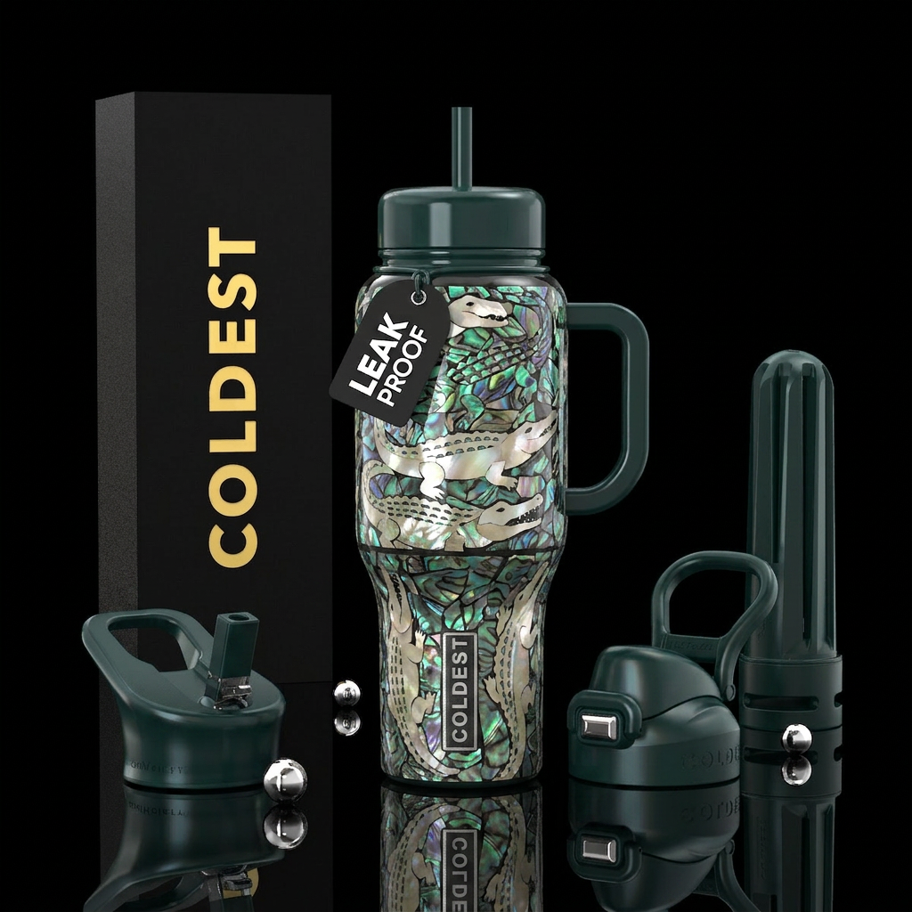 Abalone and mother of pearl alligators water bottle design