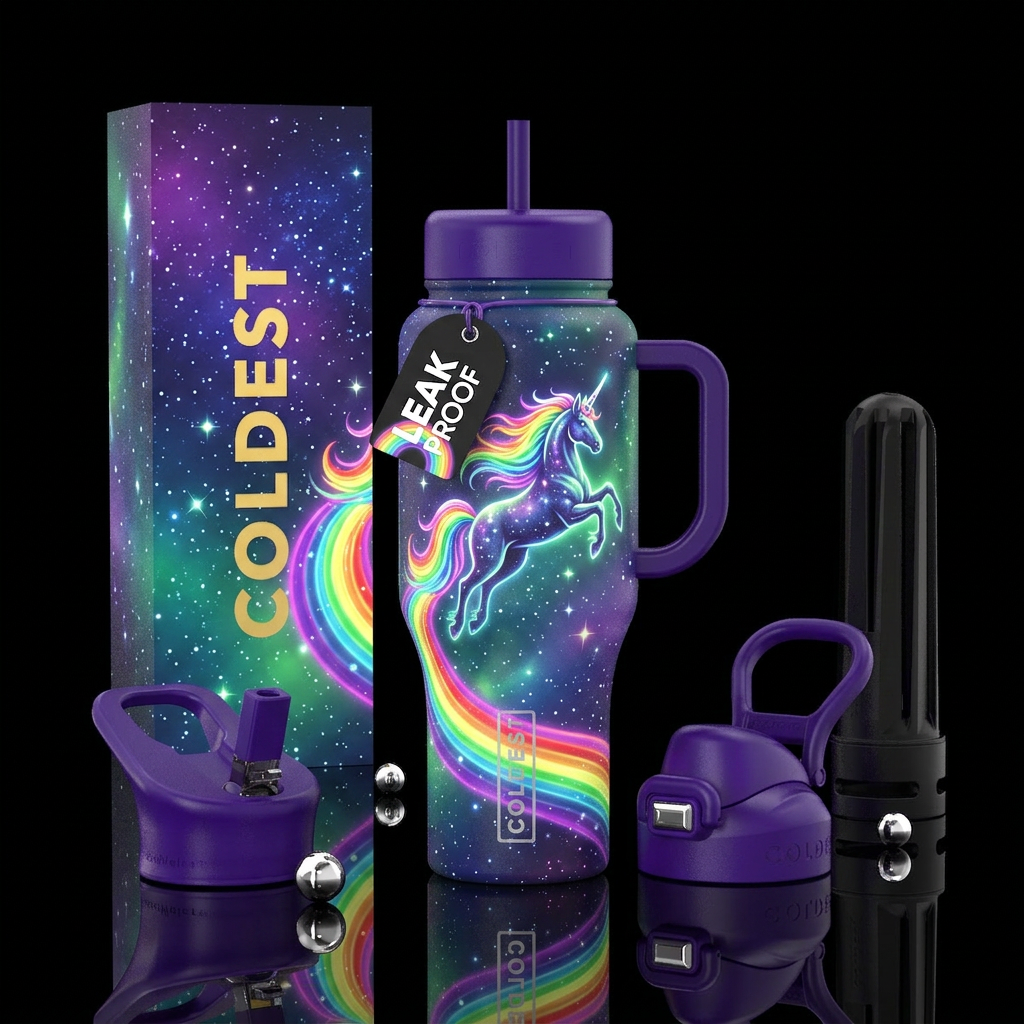 Glow in the dark Space Unicorn, soaring through th... water bottle design