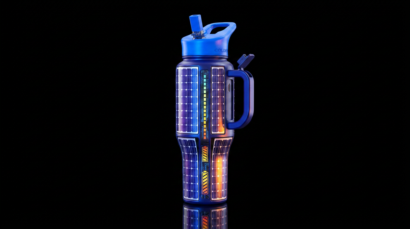 The bottle being a solar panel with a hinged handl... water bottle design