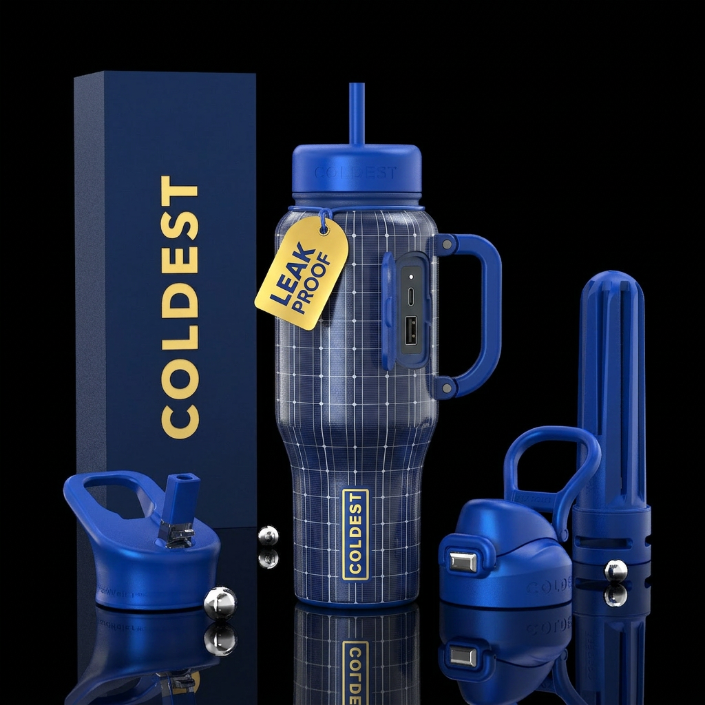 The bottle being a solar panel with a hinged handl... water bottle design