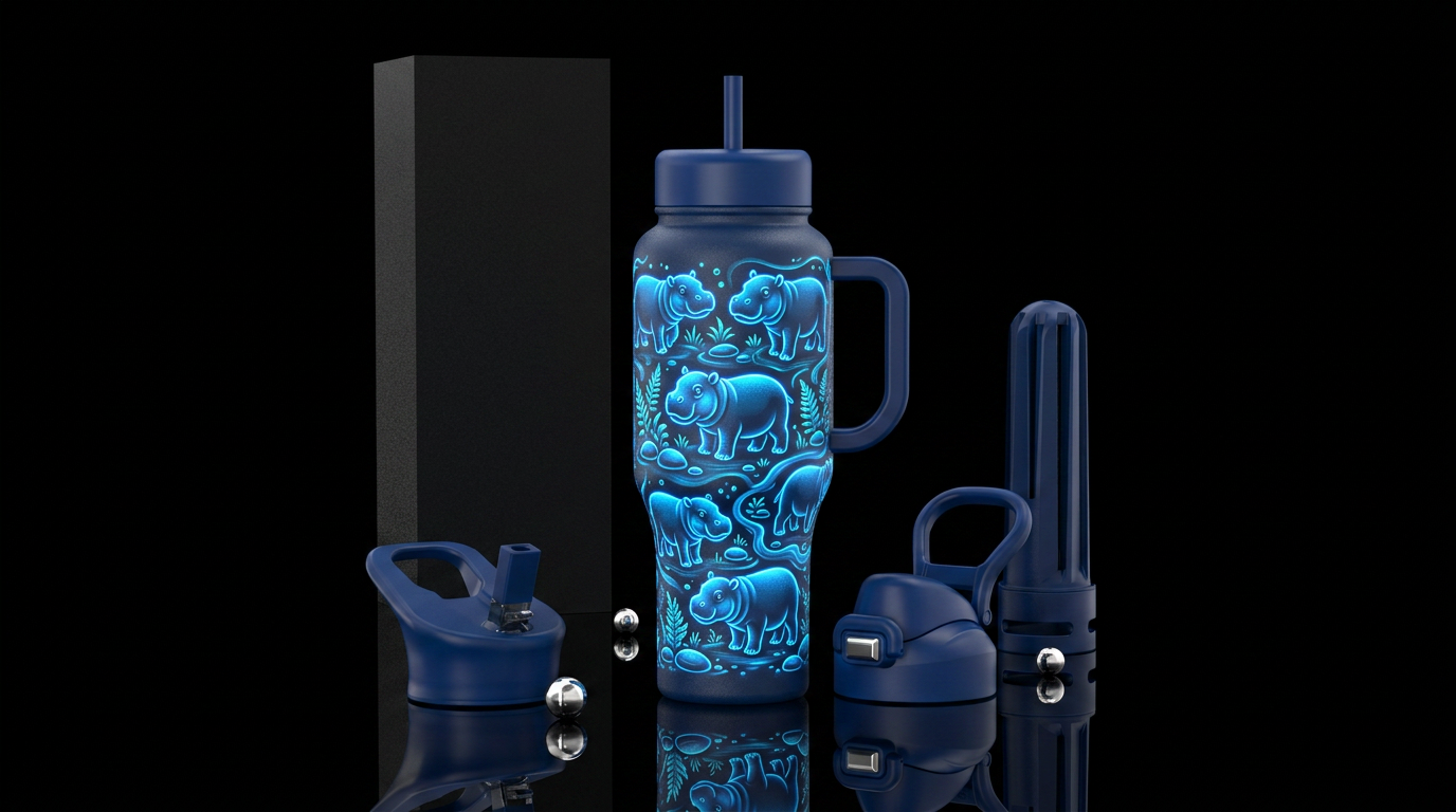 Baby glowie pigmy hippos water bottle design