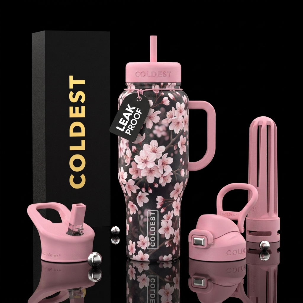 Cherry Blossom realism on black background with so... water bottle design