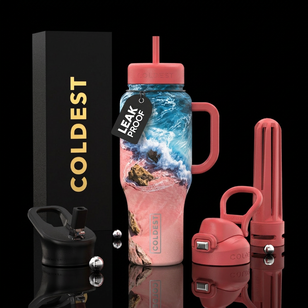 Pink sand beach with rocks and crashing wave water bottle design