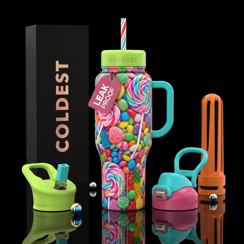 Candy land inspired realism bright colors water bottle design