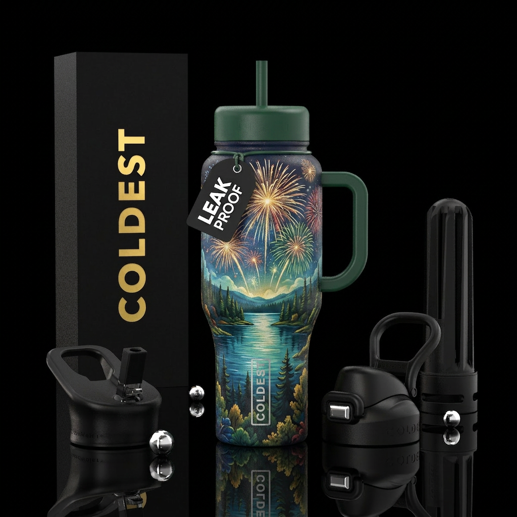 Fireworks over a lake, forest water bottle design