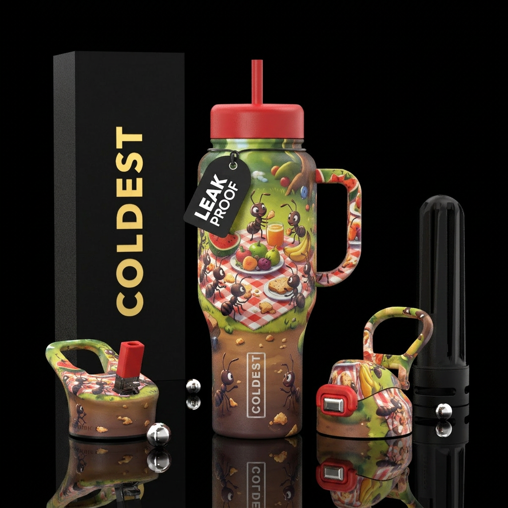 Ants at a picnic, animated, water bottle design
