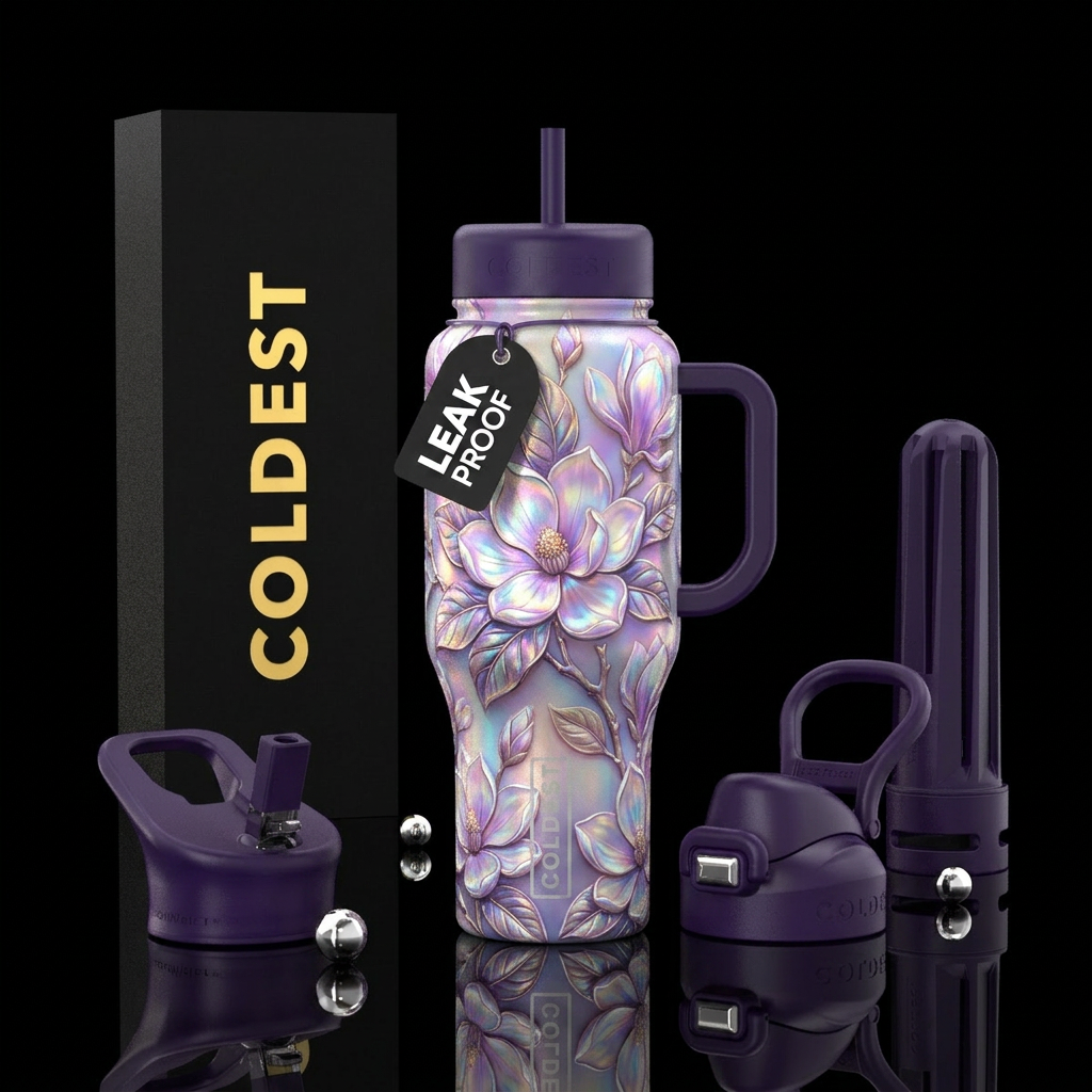 Magnolias, hyper realistic, opalescent water bottle design