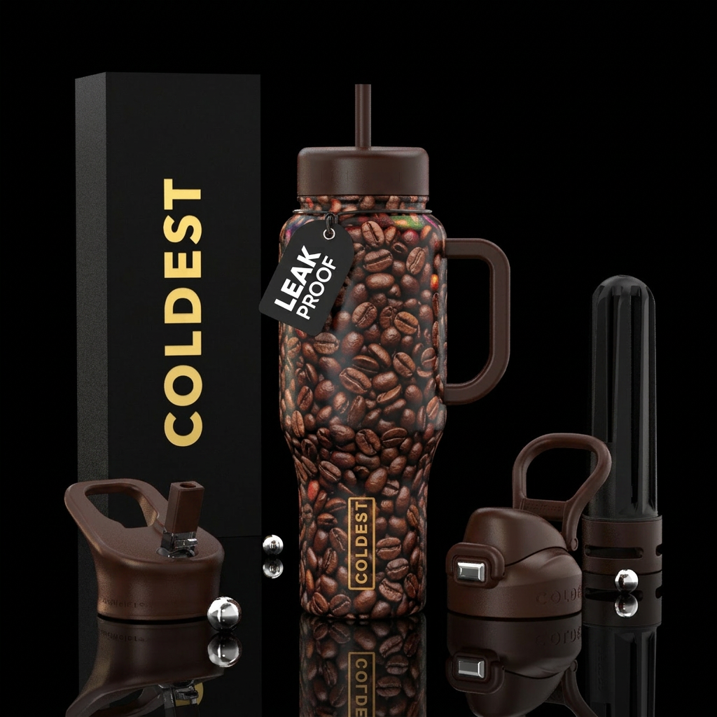 Coffee beans, hyper realistic water bottle design